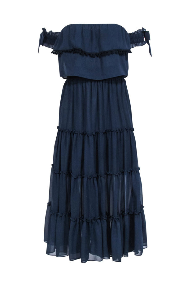 Current Boutique-MISA Los Angeles - Navy Ruffle Tiered Off The Shoulder Midi Dress Sz XS