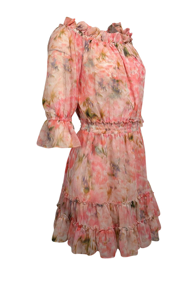 Current Boutique-MISA Los Angeles - Pink, Purple, & Green Watercolor Print Ruffled Chiffon Dress Sz S