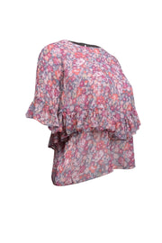 Current Boutique-MISA Los Angeles - Pink & Slate Blue Floral Print Ruffled Blouse Sz XS