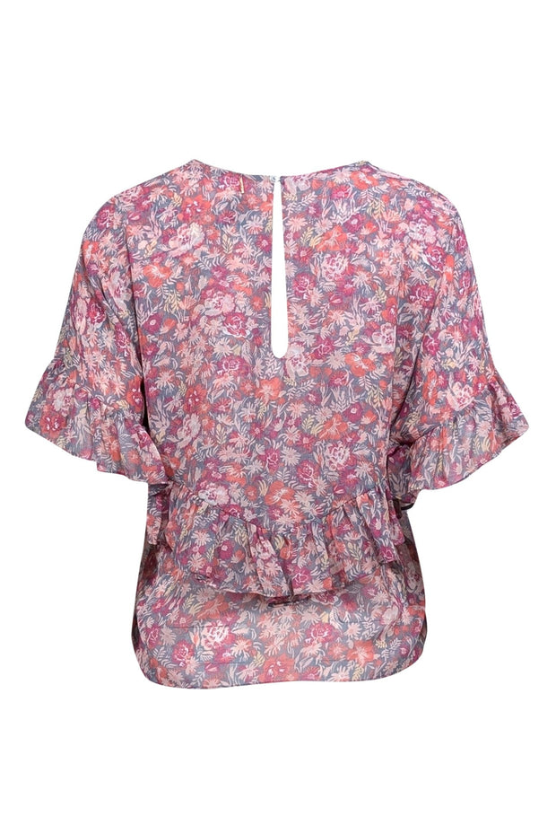 Current Boutique-MISA Los Angeles - Pink & Slate Blue Floral Print Ruffled Blouse Sz XS