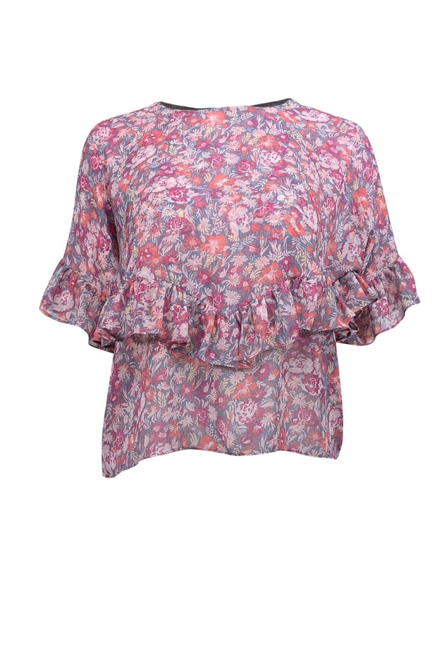 Current Boutique-MISA Los Angeles - Pink & Slate Blue Floral Print Ruffled Blouse Sz XS