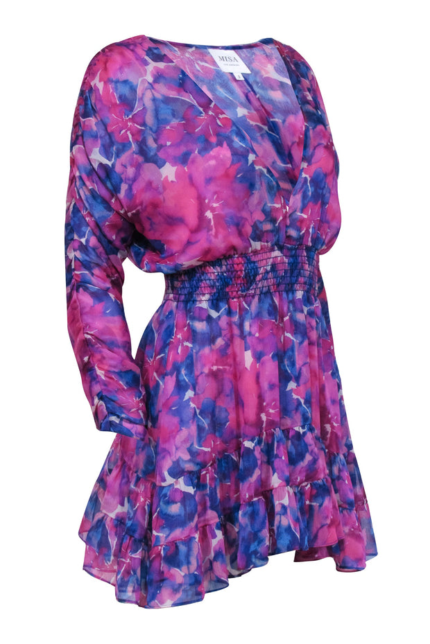 Current Boutique-MISA Los Angeles - Purple & Blue Watercolor Print Long Sleeve Dress Sz S