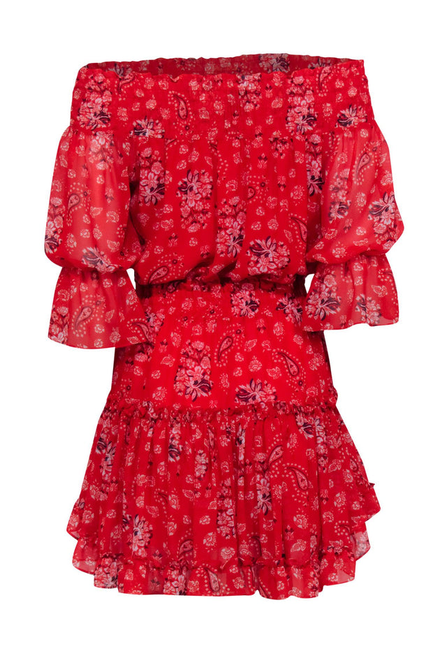 Current Boutique-MISA Los Angeles - Red Print Smocked Waist Mini Dress Sz M