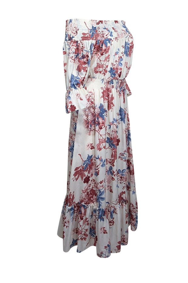 Current Boutique-MISA Los Angeles - White w/ Red & Blue Floral Print Satin Smock Neck Dress Sz S