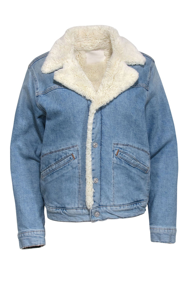 Current Boutique-MOTHER - Medium Wash Denim "Off The Grid" Sherpa Bomber Jacket Sz S