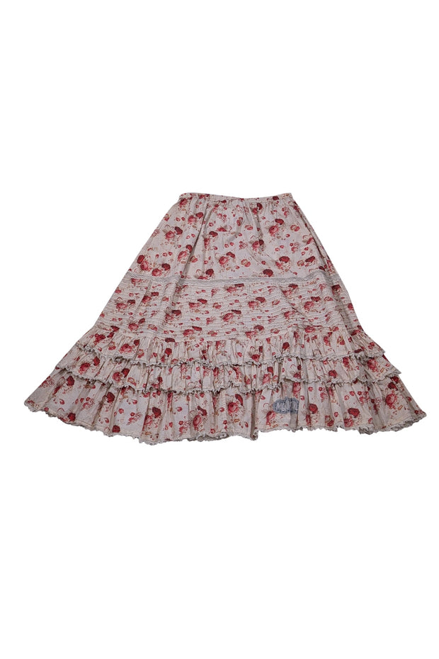 Current Boutique-Magnolia Pearl - Cream w/ Red Floral Print Cotton Midi Skirt Sz L