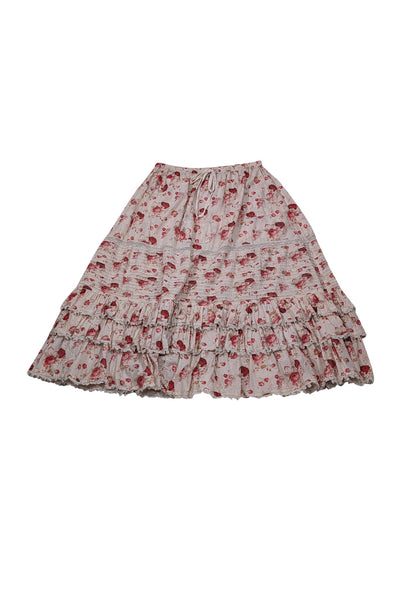 Current Boutique-Magnolia Pearl - Cream w/ Red Floral Print Cotton Midi Skirt Sz L