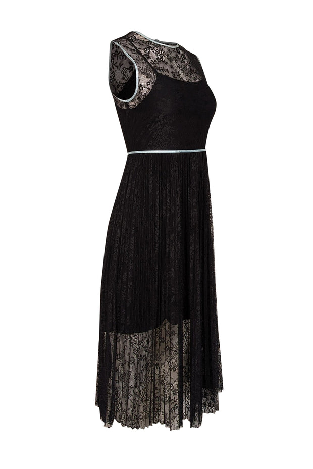 Current Boutique-Maje - Black Lace Pleated Dress w/ Blue Trim Sz 4