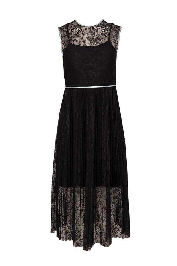 Current Boutique-Maje - Black Lace Pleated Dress w/ Blue Trim Sz 4