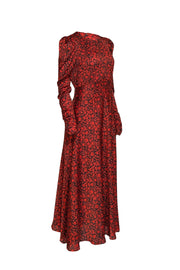 Current Boutique-Maje - Black & Red Floral Print Satin Ruched Long Sleeve Dress Sz M