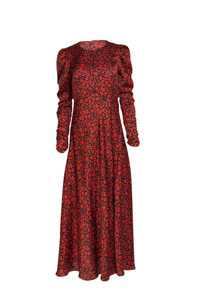 Current Boutique-Maje - Black & Red Floral Print Satin Ruched Long Sleeve Dress Sz M