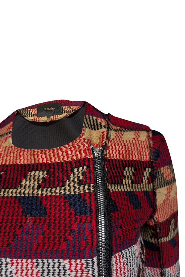 Current Boutique-Maje - Red, Blue, Black, & Beige Print Moto Zip Jacket Sz 4