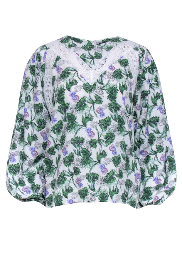 Current Boutique-Maje - White, Purple, & Green Palm Print Top Sz 6