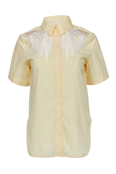 Current Boutique-Maje - Yellow Short Sleeve Button Front Top w/ White Embroider Shoulder Detail Sz S