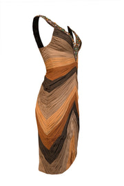 Current Boutique-Mandalay - Brown, Rust, & Orange Ruched Sleeveless Beaded Trim Dress Sz 6