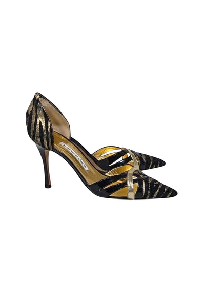 Current Boutique-Manolo Blahnik - Black & Gold Print Animal Hair Pumps Sz 7.5