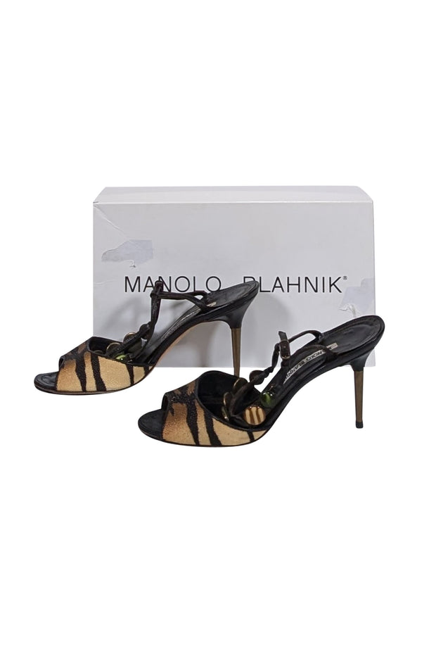 Current Boutique-Manolo Blahnik - Brown & Beige Tiger Printed Stingray Leather Strappy Sandals Sz 7.5