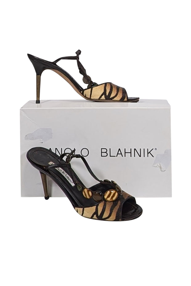 Current Boutique-Manolo Blahnik - Brown & Beige Tiger Printed Stingray Leather Strappy Sandals Sz 7.5