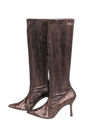 Current Boutique-Manolo Blahnik - Brown & Copper Snakeskin Embossed Leather Tall Boots Sz 8