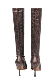 Current Boutique-Manolo Blahnik - Brown & Copper Snakeskin Embossed Leather Tall Boots Sz 8