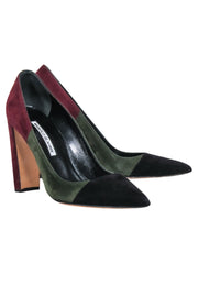 Current Boutique-Manolo Blahnik - Maroon & Olive Green Color Block Pointed Toe Pumps Sz 8