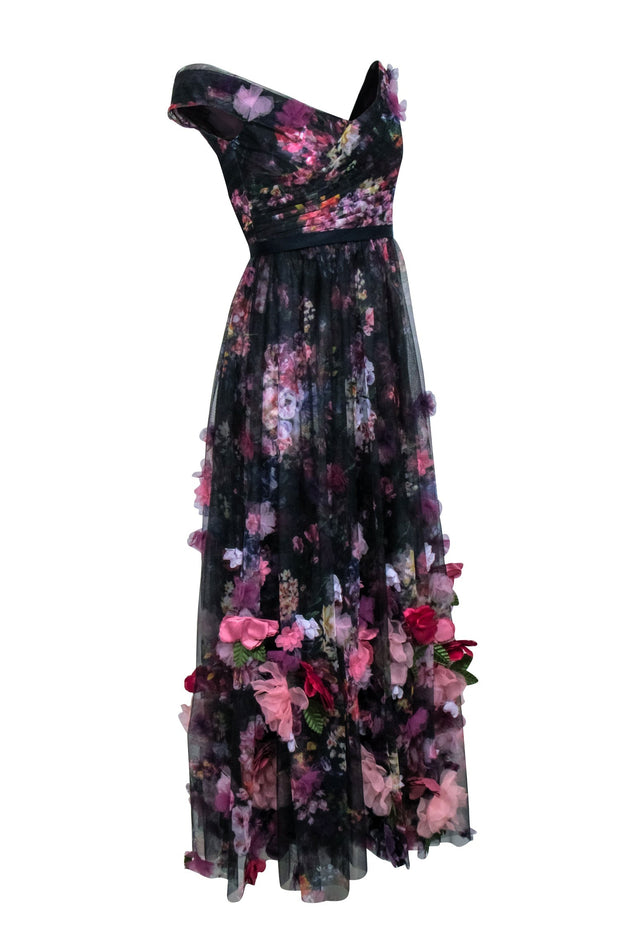 Current Boutique-Marchesa Notte - Black & Multi Color Floral Tulle Gown Sz 2