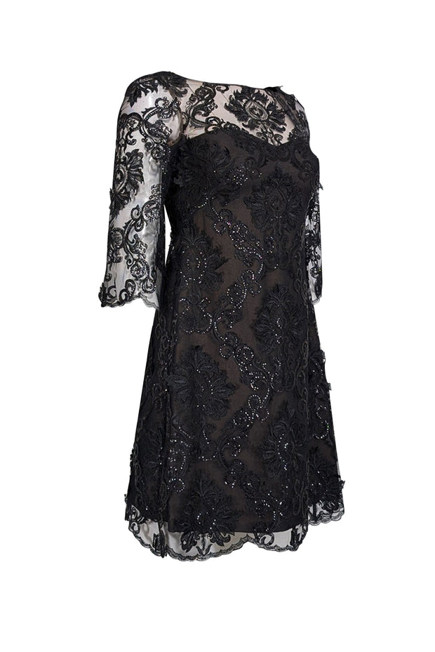 Current Boutique-Marchesa Notte - Black Sequin Lace Applique Short Dress Sz 0