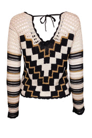 Current Boutique-Maria Cher - Cream, Gold, & Black Crochet Long Sleeve Top Sz M