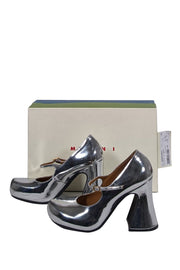 Current Boutique-Marni - Silver Metallic Front Strap Mary Jane Heels Sz 9