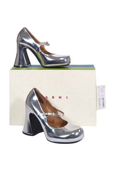 Current Boutique-Marni - Silver Metallic Front Strap Mary Jane Heels Sz 9