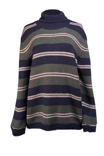 Current Boutique-Massimo Alba - Navy, Green, & Taupe Striped Wool Turtleneck Sweater Sz XXL