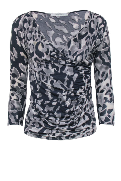 Current Boutique-Max Mara - Taupe Grey Leopard Print Surplice Top Sz S