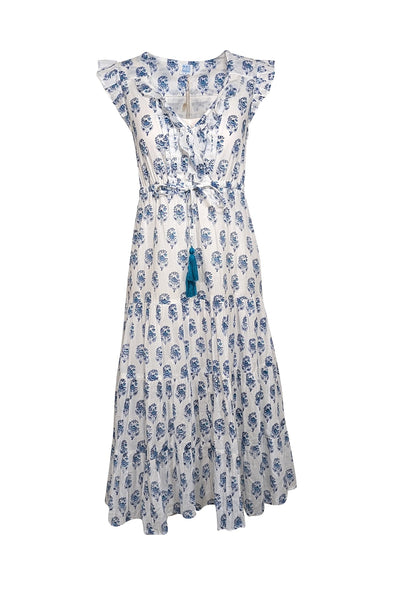 Current Boutique-Mer St. Barth - White w/ Blue Floral Print Cotton Voile Maxi Dress Sz S