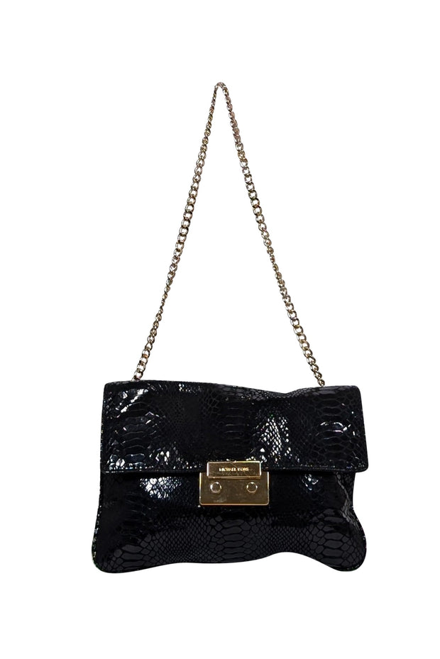 Current Boutique-Michael Kors - Black Croc Embossed Fold Over Bag w/ Gold Chain Strap