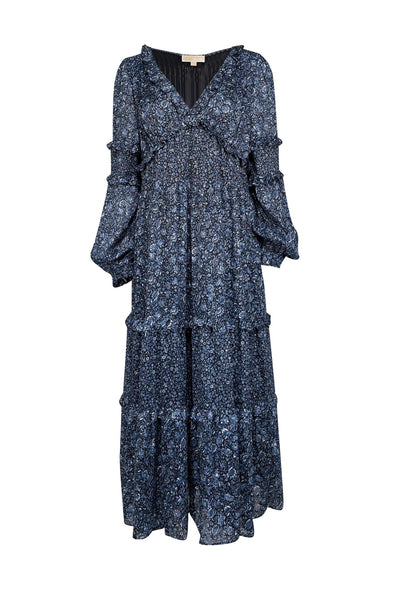 Current Boutique-Michael Kors - Navy & Blue Metallic Floral Print Maxi Dress Sz XL