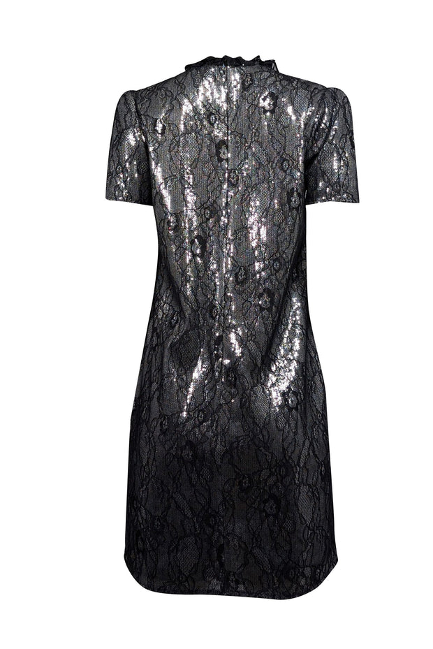 Current Boutique-Michael Kors - Silver & Black Sequined Floral Lace Shift Dress Sz M