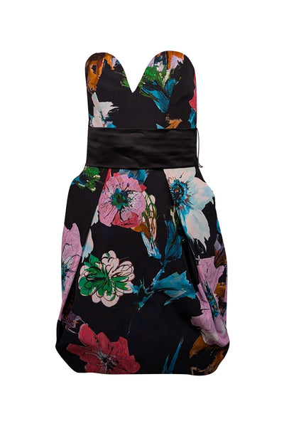 Current Boutique-Milly - Black & Multi Color Floral Strapless Dress Sz 4