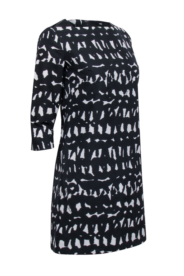 Current Boutique-Milly - Black w/ Ivory Abstract Print Shift Dress w/ Leather Accent Sz 4