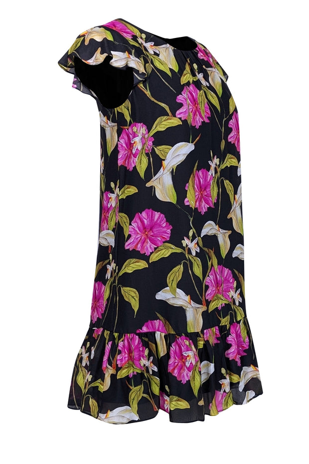 Current Boutique-Milly - Black w/ Pink & Green Floral Print Silk Dress Sz S