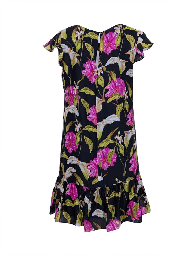 Current Boutique-Milly - Black w/ Pink & Green Floral Print Silk Dress Sz S