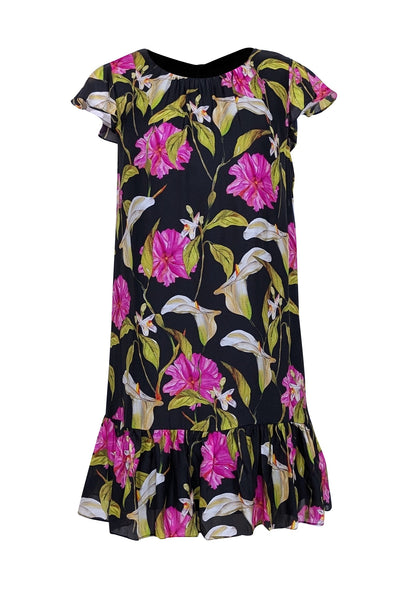 Current Boutique-Milly - Black w/ Pink & Green Floral Print Silk Dress Sz S