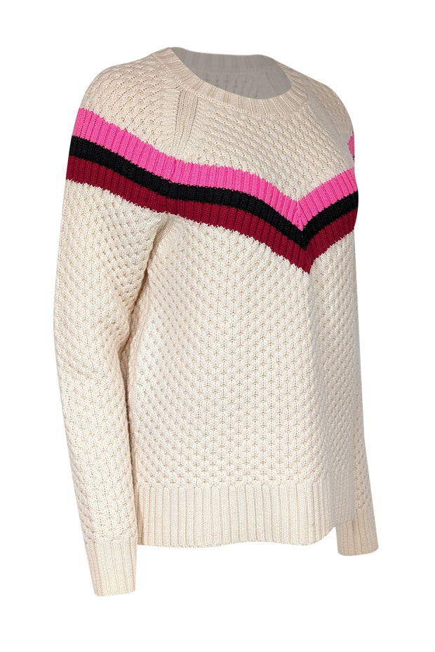 Current Boutique-Milly - Cream Wool Blend Popcorn Stitch Sweater w/ Varsity Stripes Sz L