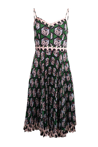 Current Boutique-Milly - Green w/ Multicolor Hexagon Floral Print Pleated Dress Sz 2