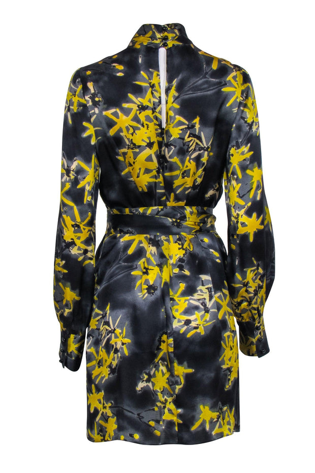 Current Boutique-Milly - Grey, Black, & Yellow Print Mock Neck Silk Dress Sz 10