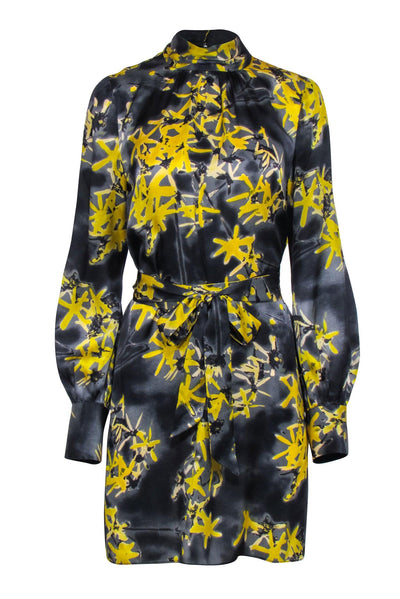 Current Boutique-Milly - Grey, Black, & Yellow Print Mock Neck Silk Dress Sz 10