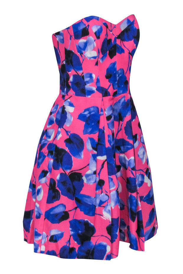 Current Boutique-Milly - Hot Pink Strapless Dress w/ Blue Floral Print Sz 6