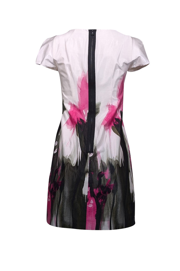 Current Boutique-Milly - Ivory, Pink, & Black "Painted Floral Chloe" Cap Sleeve Dress Sz 0