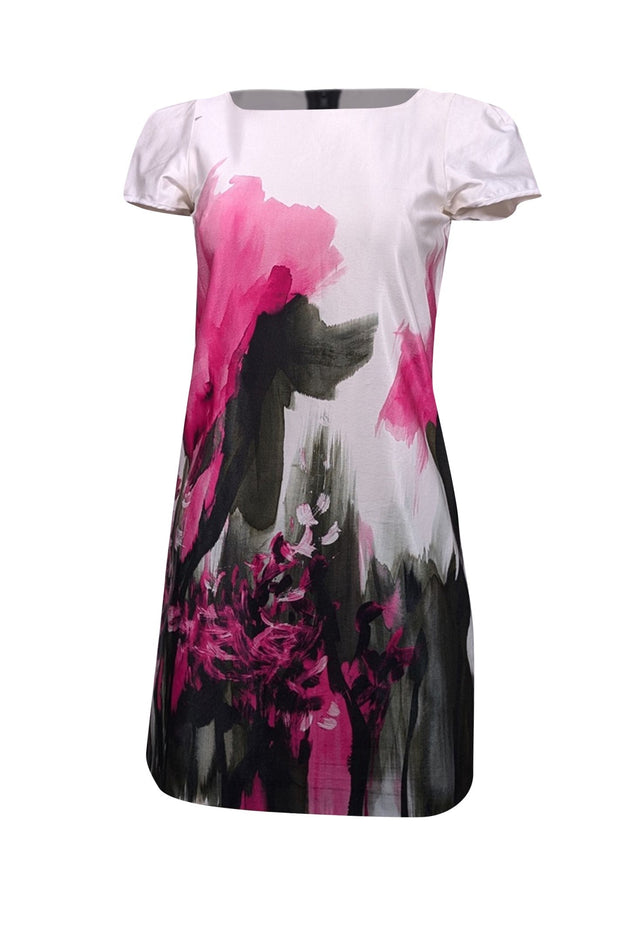 Current Boutique-Milly - Ivory, Pink, & Black "Painted Floral Chloe" Cap Sleeve Dress Sz 0