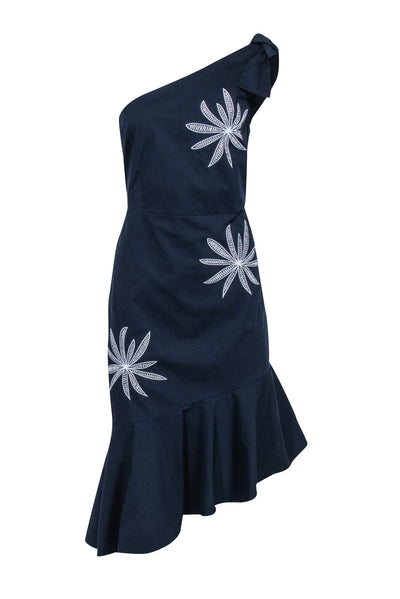 Current Boutique-Milly - Navy Poplin One Shoulder Dress w/ White Embroidery Sz 12