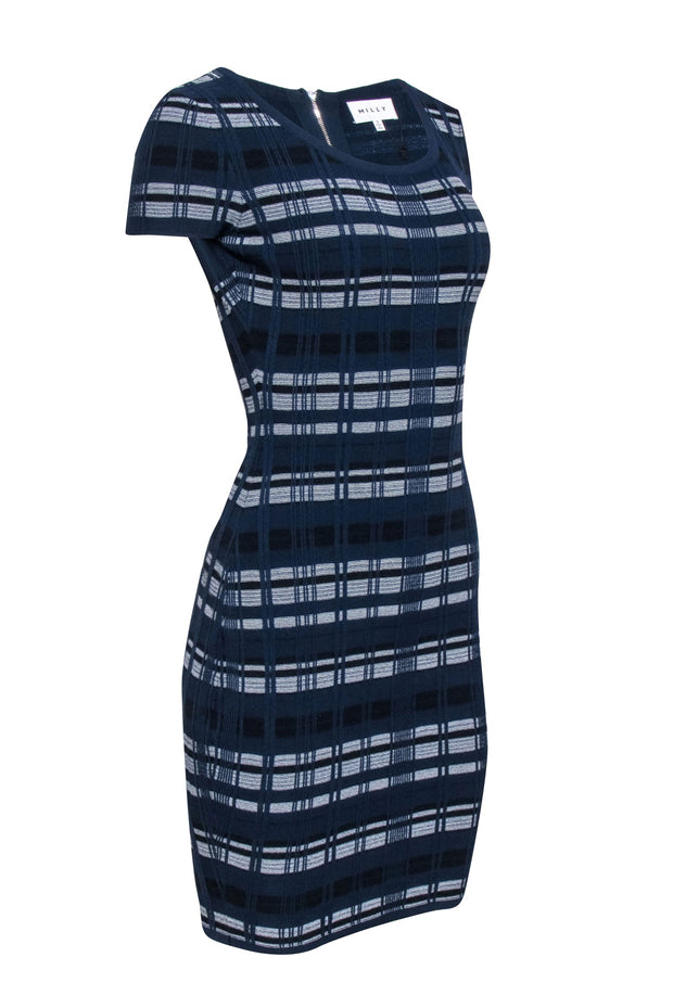 Current Boutique-Milly - Navy & White Textured Plaid Knit Bodycon Dress Sz S